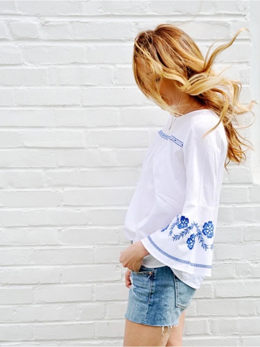 Loft White Cotton Bell Sleeve Blouse with Blue Embroidery - Picture 3 of 4